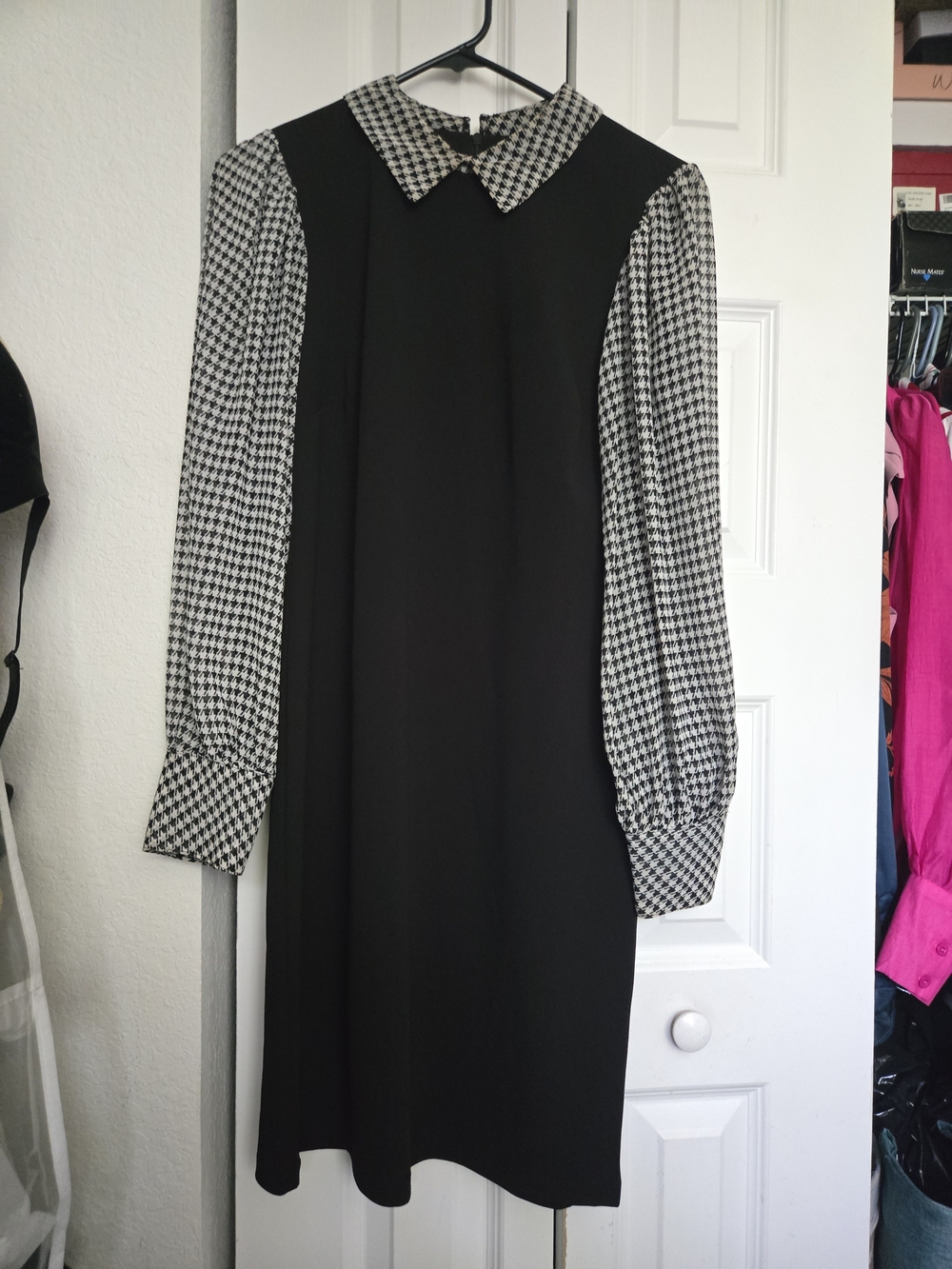 Black Shift Dress with Houndstooth Sleeves and Collar